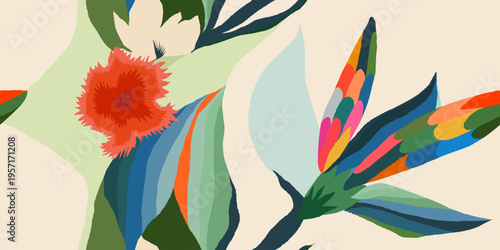 Abstract exotic floral pattern. Dynamic bright tropical print. Hand drawn unique template for design. 