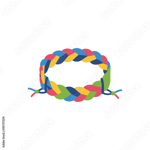 Colorful braided bracelet with tied ends on a white background.