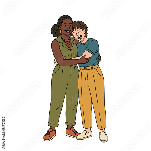 Smiling interracial lesbian couple hugging tightly wearing olive jumpsuit and yellow pants