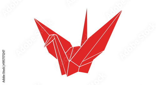An origami paper crane made from red paper with white lines.