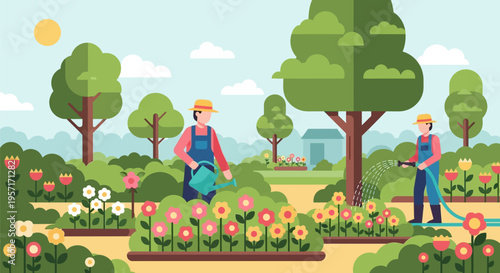 Two gardeners watering flowers in a vibrant garden scene.