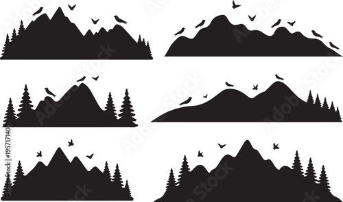 Black silhouette mountain peaks with starry sky and pine trees starry night sky dark background isolated on white background