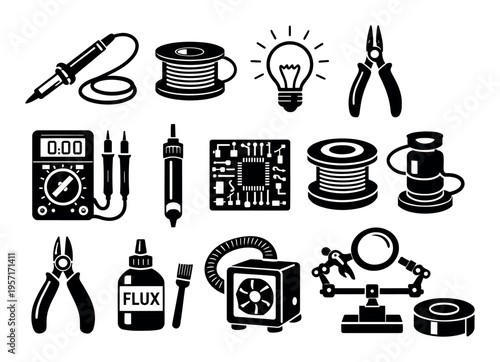 Electronics and electrical engineering tools including soldering iron, multimeter, circuit board, pliers, wire spool, and magnifying glass