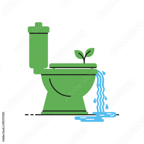 Toilet with a plant sprouting from the bowl, water flowing out.