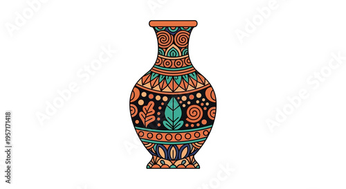 Decorative vase with intricate geometric and floral patterns.
