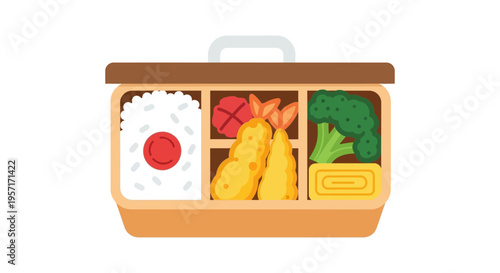 Bento box with rice, fried chicken, vegetables, and tamagoyaki.