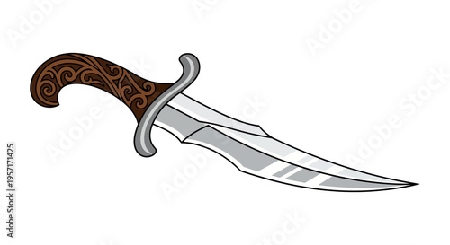 Ornate dagger with a curved blade and decorative handle.