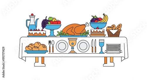 A Thanksgiving feast table with turkey, fruits, bread, and drinks.