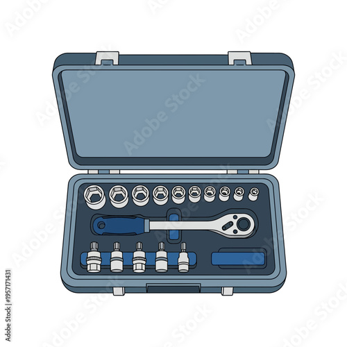 Open toolbox containing various sockets and a ratchet wrench.