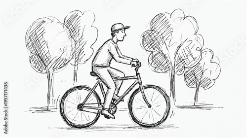 Hand-drawn sketch vector illustration of a young man riding a bicycle outdoors with trees