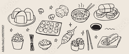Japanese cuisine sushi, delicious asian food, sushi roll doodles, restaurant menu illustration, oriental food sketches, culinary dining icons, fresh sushi dinner.
