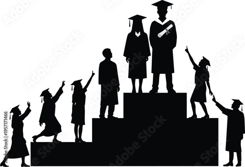 Silhouette group of graduates standing on podium steps, black and white vector illustration symbolizing education, achievement, aspiration, and academic success concepts