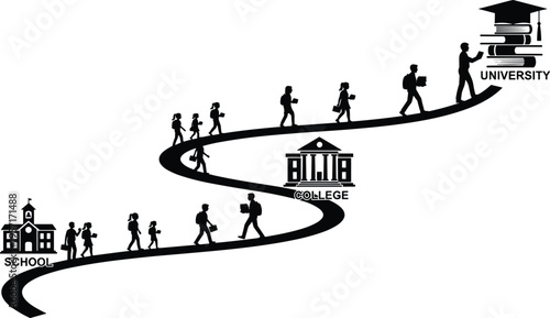 Silhouette of students ascending educational path from school to university graduation, black and white vector illustration symbolizing knowledge, growth, achievement, and academic success concepts