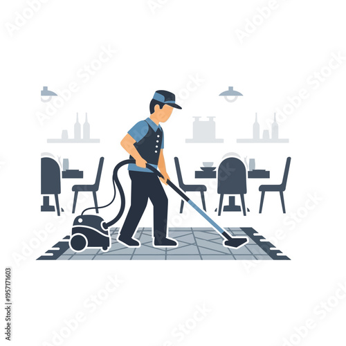 Person vacuuming the floor in a modern indoor setting.