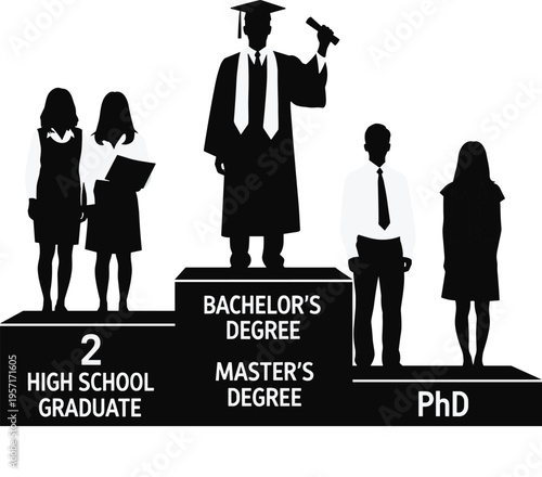 Silhouette podium of students with degrees from high school to PhD, black and white vector illustration symbolizing education, hierarchy, achievement, and academic success concepts