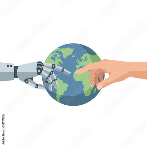 Illustration of a robot hand and human hand touching a globe.