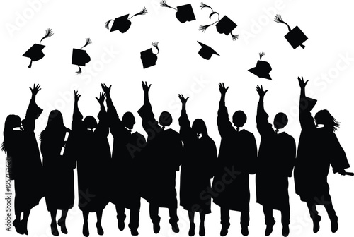 Silhouette group of graduates celebrating with caps in air, black and white vector illustration symbolizing education, achievement, joy, and academic success concepts
