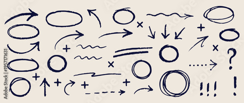 Hand drawn arrows, creative direction marks, abstract doodle shapes, messy scribble icons, business process symbols, marketing diagram elements, organizational chart doodles.
