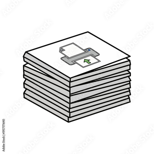 Stack of printed paper documents with a download icon on the top sheet.