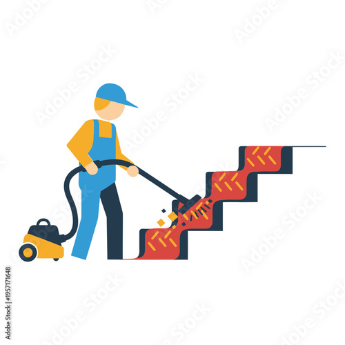 Person cleaning stairs with a vacuum cleaner.