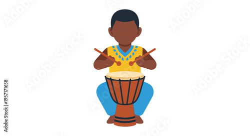 Child playing drum with drumsticks, sitting cross-legged.