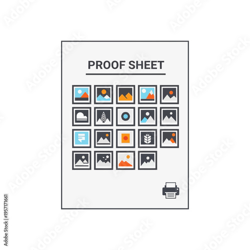 Illustration of a proof sheet with multiple small image icons and a printer icon.