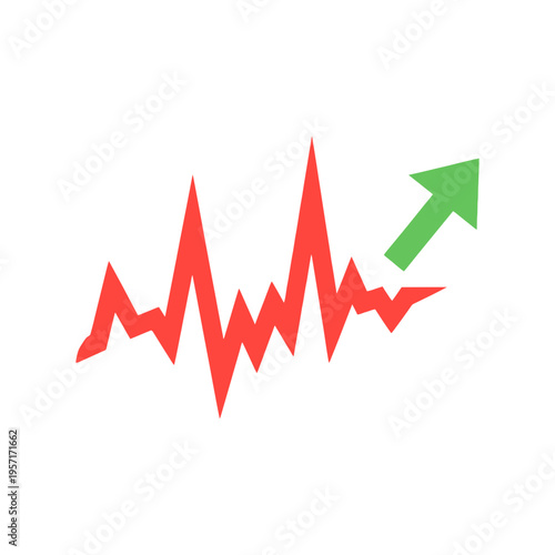 Red fluctuating line graph with an upward green arrow indicating growth.