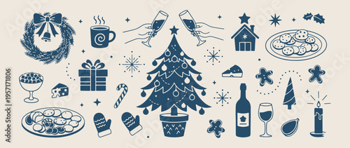Christmas holiday toast, festive winter celebration, xmas tree doodles, holiday party icons, winter season sketches, merry christmas illustration, festive drink moments.
