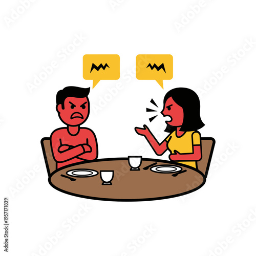 Two people arguing at a dining table with angry expressions and speech bubbles.