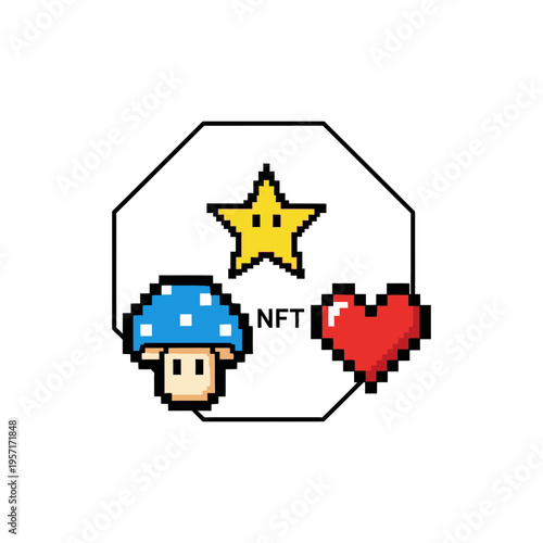 Pixel art NFT featuring a mushroom, star, and heart symbols inside a hexagon.