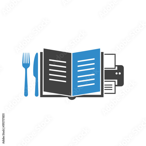 Open book with a fork, knife, and printer icon on a white background.