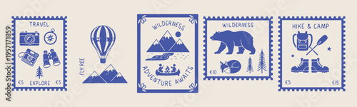 Wilderness adventure stamps, mountain exploration icons, outdoor camping badges, nature travel labels, wanderlust adventure gear, scouting camp elements, forest wildlife stickers.
