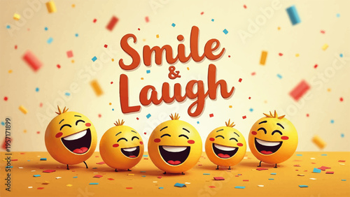 Smiling emojis laughing with confetti and colorful background joyful celebration
