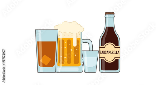 Illustration of various beer glasses and a bottle of beer.