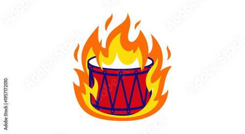 Drum surrounded by flames, appearing as a fiery symbol.