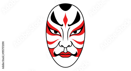 Traditional Japanese Noh mask with red, black, and white facial markings.