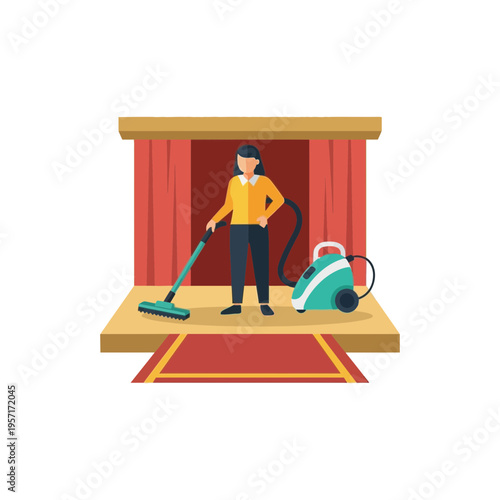 Woman vacuuming a stage or platform with a vacuum cleaner.