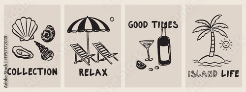 Beach relax vacation, summer holiday lounge, seaside resort lifestyle, good times drinks, coastal leisure sketches, tropical travel icons, vacation vibe illustration.
