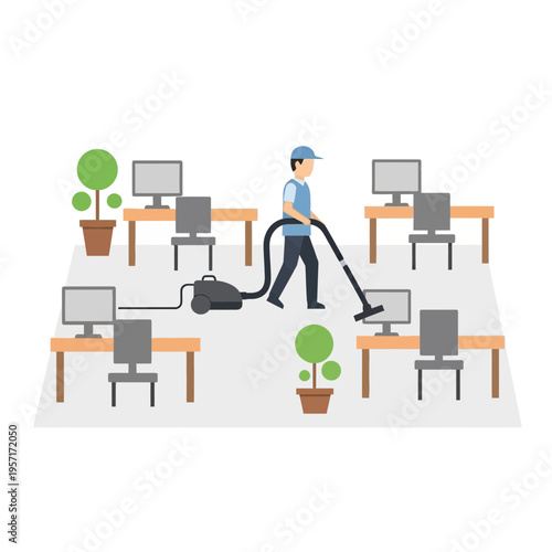 Person vacuuming office with multiple desks and chairs.