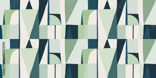Modern abstract geometric print in green tones. Hand drawn minimalist collage contemporary seamless pattern. 