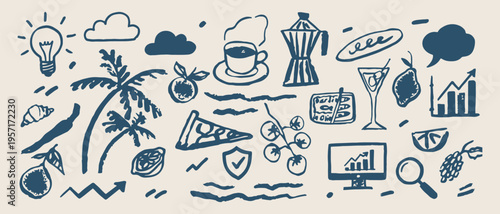 Morning coffee breakfast, italian moka pot, pizza and snacks, cafe food doodles, morning routine illustration, coffee break sketches, mediterranean food icons.
