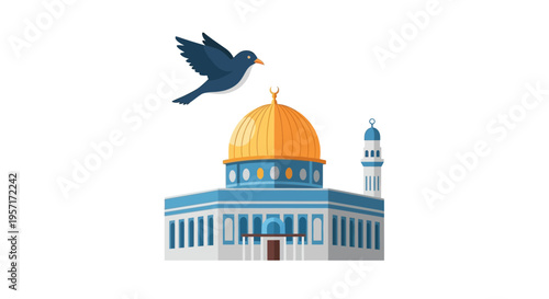 Illustration of a mosque with a flying bird above it.