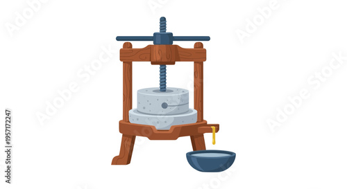 Traditional stone mill with a wooden press and a small bowl for flour collection.