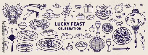 Lucky feast celebration, festive dinner party, holiday food icons, traditional celebration meal, family dinner doodles, restaurant festive menu, gourmet holiday illustration.
