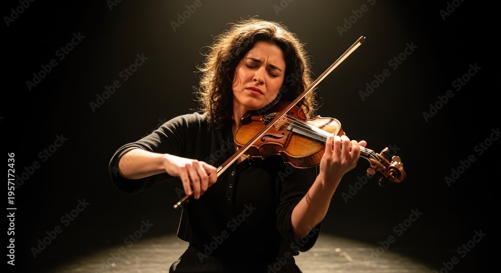 Obraz premium Woman playing violin with focused expression in dramatic lighting