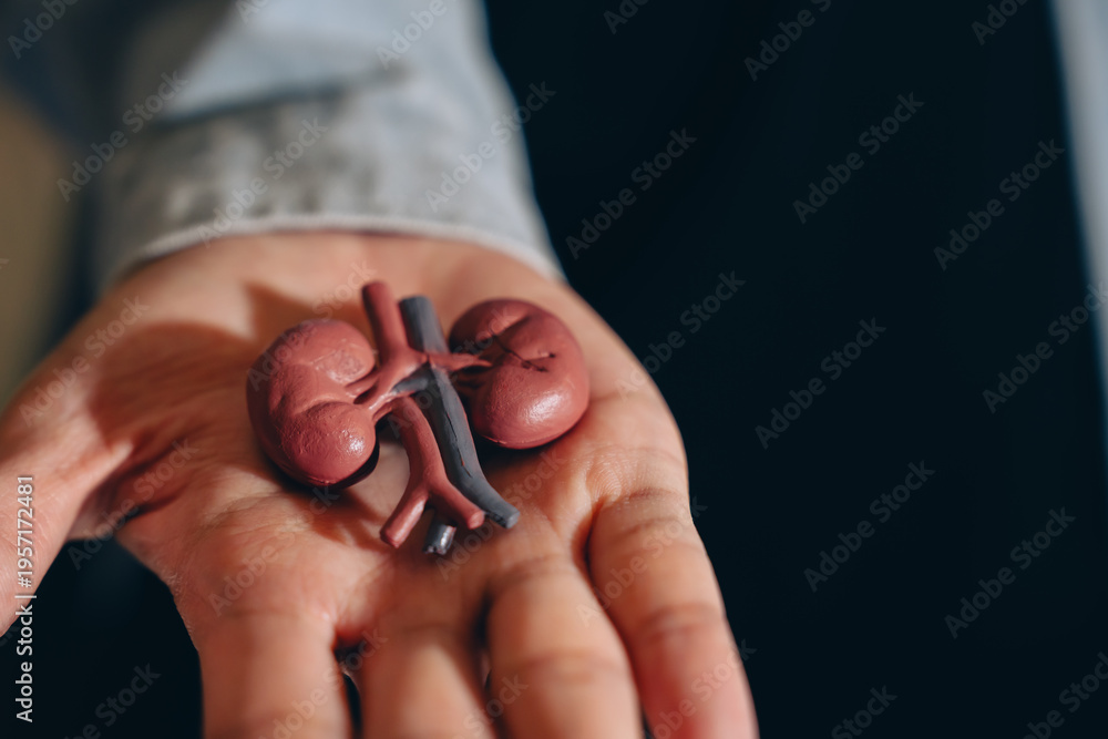 Fototapeta premium Human kidney model anatomy medical education healthcare organ biology health body part hand close up detailed realistic red brown vascular urinary system internal organ human body science study