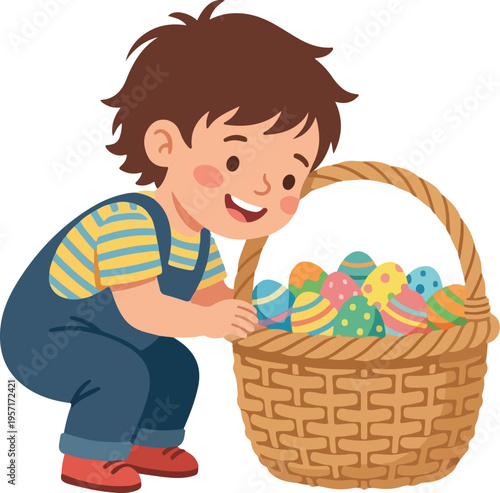 vector child arranging easter eggs in basket