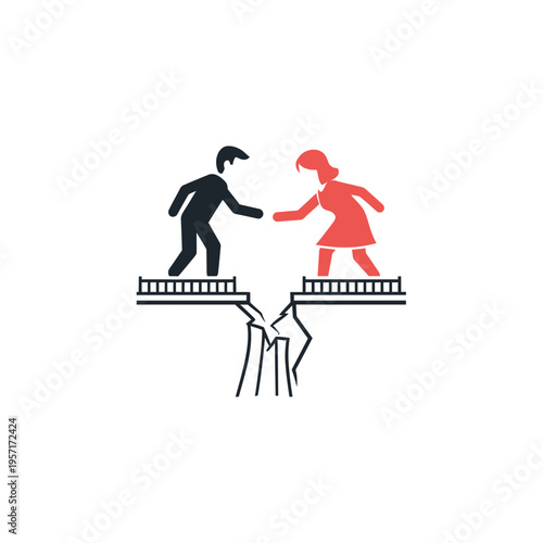 Two children shaking hands while standing on separate edges of a cracked bridge.