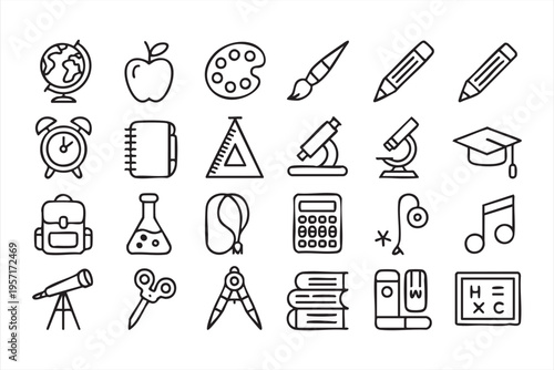 School Supplies and Learning Line Icons Set for Classroom and Study