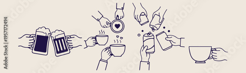 Hands holding coffee, tea party celebration, friendship toast icons, social gathering doodles, sharing drinks illustration, cafe lifestyle sketches, together drinking moments.